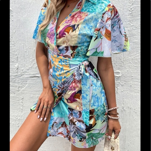 Boho Floral Tropical Butterfly Wrap Mini Dress - Picture 11 of 12